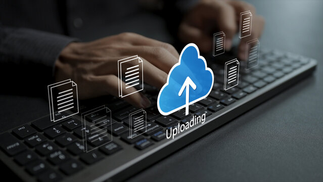 Digital cloud upload and data transfer concept. Person typing keyboard with cloud upload, arrow and document icons, secure file hosting, online backup and fast server synchronization.