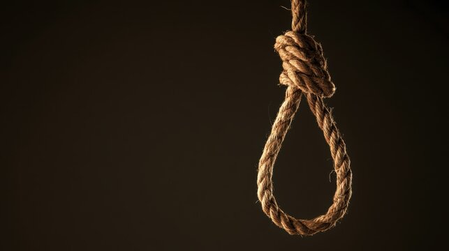 Close-up of rustic brown rope tied into a hanging loop noose against a dark background with textured fibers visible in dramatic lighting and shadow