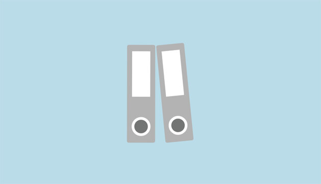 Minimalist flat vector illustration of two grey office ring binders standing on a solid pastel blue background.
