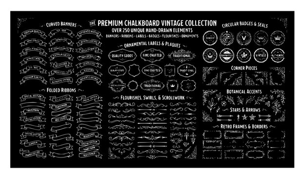 Retro Chalkboard Banner, Ribbon and Ornamental Label Vector Set
