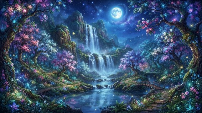 Moonlit waterfall cascading through flowering forest glade