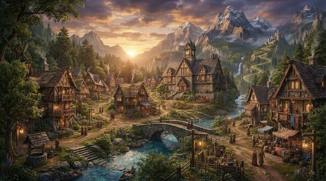 Mountain village at sunset with river bridge and cottages