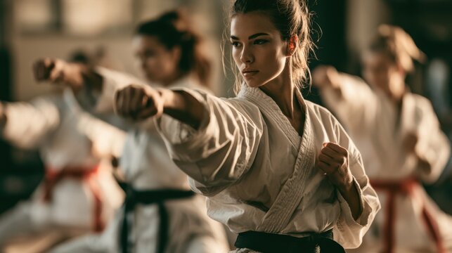Focused young woman wearing white martial arts uniform practicing strong punch move in dojo training session with group of people in background demonstrating discipline and skill