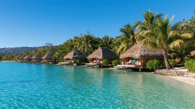 Tropical overwater bungalow resort with thatched roof huts lined along crystal clear turquoise lagoon under blue sky with lush palm trees and peaceful beach