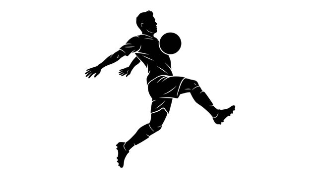 A powerful and determined soccer player is captured in silhouette during the action of kicking the ball on a plain white backdrop