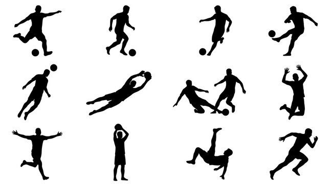 Energetic black silhouettes of soccer players demonstrate a variety of athletic stances and exciting moments during gameplay against a clean white backdrop