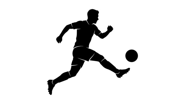 A powerful dynamic silhouette captures a soccer player intensely focused while kicking the ball during a fiercely competitive game on a plain white