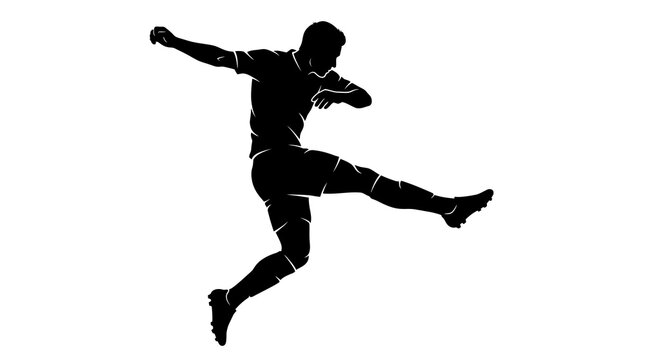 A powerful dynamic silhouette captures a soccer player suspended in mid air powerfully kicking the ball with incredible focus and unwavering determination