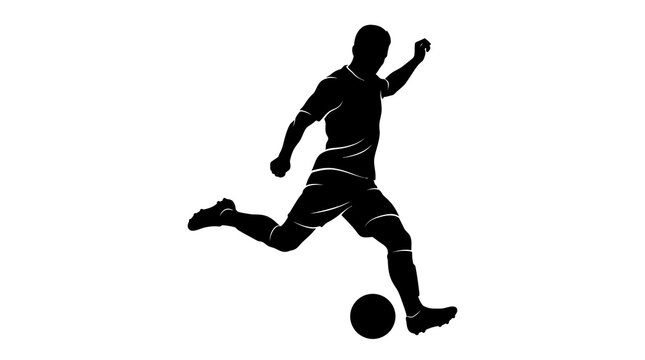 A powerful and determined soccer player is captured in a dynamic silhouette while kicking the ball with incredible force on a plain white