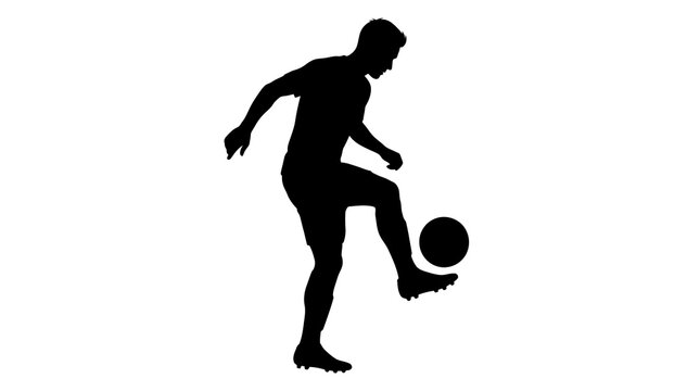 A dark silhouette of an athletic soccer player powerfully kicking a ball with great energy and dynamic motion against a simple white backdrop