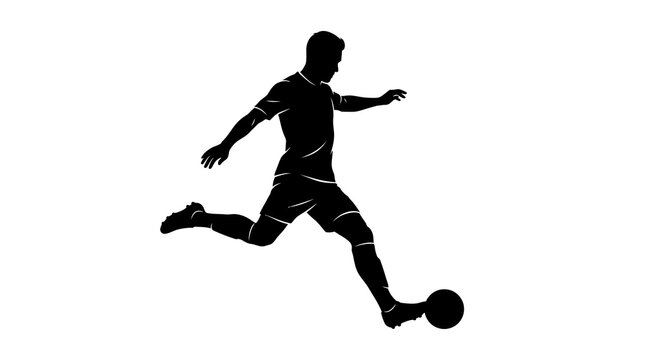 A powerful and focused soccer player is captured in silhouette during intense gameplay kicking the ball with determination on a vibrant background