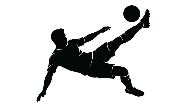 A striking silhouette captures a soccer player in mid air performing a spectacular athletic overhead kick against a simple white background