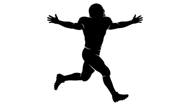 Energetic silhouette of a football player running with arms outstretched in celebration of a hard fought and well deserved victory on a white