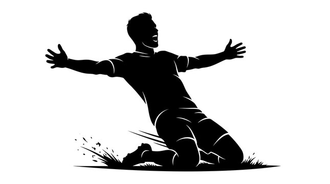 A winning athlete is kneeling on the green grass with arms wide open in a powerful moment of triumph and pure elation