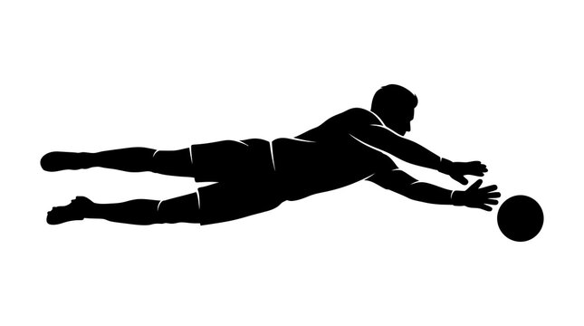 A powerful dynamic silhouette captures a determined rugby player in mid air diving forward attempting to score a try with the ball