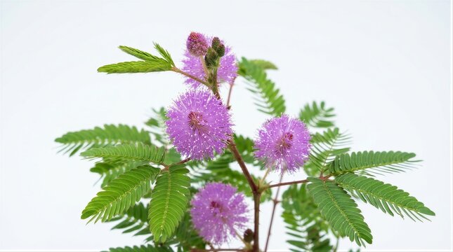 Mimosa pudica flowering branch with pink puffball on white background