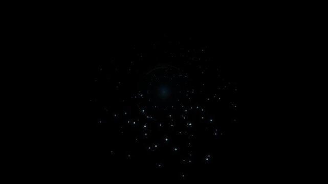 A delicate constellation of glowing blue and green particles forms a diffuse spherical shape against a deep black background, symbolizing data flow.
