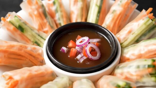Fresh vegetable spring rolls with dipping sauce on white plate