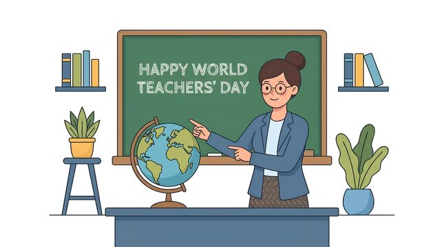 Female teacher pointing at globe in classroom for World Teachers Day celebration.