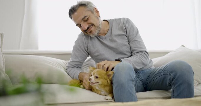 Portrait of senior old caucasian man stay home sit on the sofa  living room with lovely dog. Happy moment of pure love middle age male playing with little dog in winter