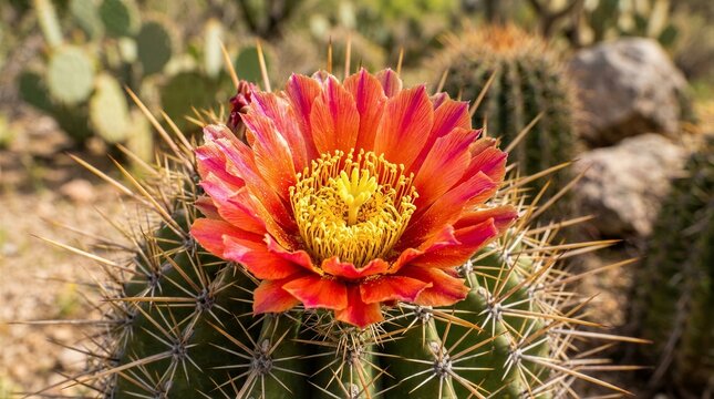 Barrel cactus displaying vibrant bloom in desert garden