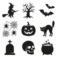 Fototapeta premium Black silhouette halloween icons set featuring witch bats spiders pumpkin and more