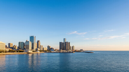 Naklejka premium Downtown Waterfront Skyline Across Calm Blue Water