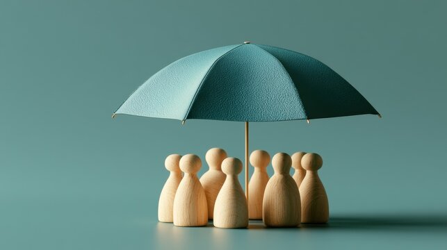 Group of wooden figurines protected under a single large umbrella on a blue background symbolizing safety security and teamwork concept of protection and unity