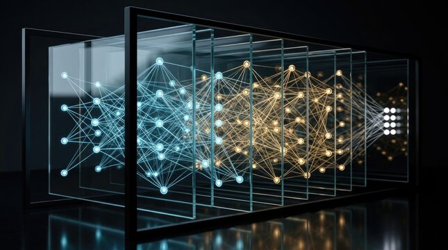 Artificial intelligence neural network visualizer with glowing nodes inside glass panels