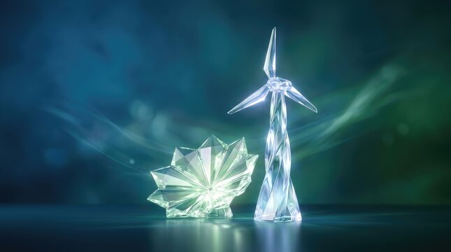 Crystal wind turbine and solar panel sculpture representing sustainable green energy solutions