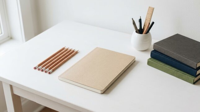 A minimalist white desk setup featuring a blank notebook, pencils, and stacked books for study