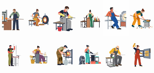Fototapeta premium Set of Flat Vector Illustrations Featuring Male and Female Artisans Working in a Glassblowing Studio, Crafting and Shaping Molten Glass.