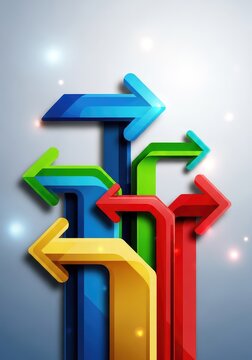 A vibrant abstract composition featuring stylized geometric arrows pointing in multiple directions across a smooth, layered digital surface, growth, vibrant, flow