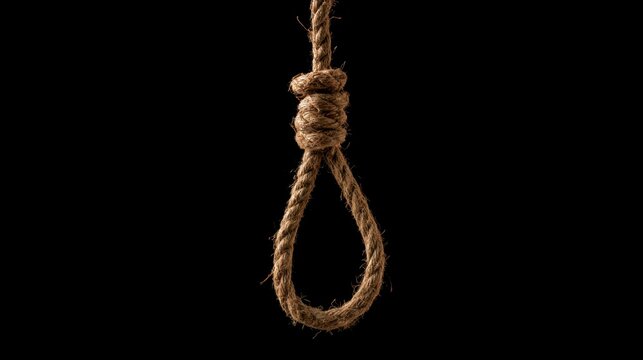 Close-up of hanging rough rope noose knot with frayed fibers isolated on black background symbolizing danger and tension concept