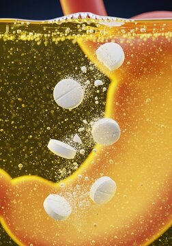 Realistic high-definition render of white medication pills breaking apart and dissolving in sparkling acidic gastric fluid in the stomach, process, biology, liquid