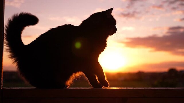 Cat silhouette meowing on balcony railing at sunset with golden sky background calling
