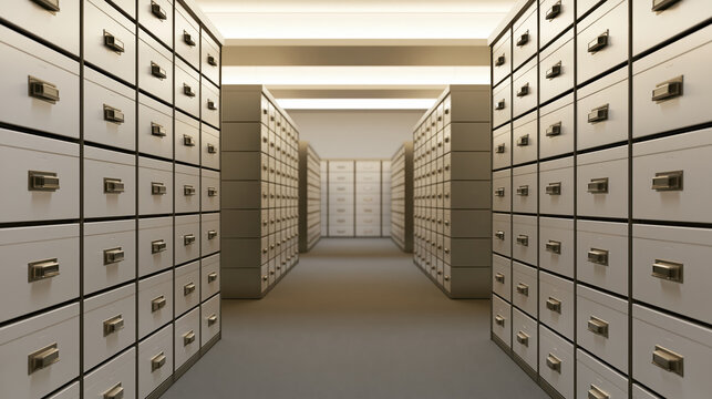 Symmetrical rows of modern neutral archival storage drawers extending into distance with clean organization and soft indirect lighting for orderly