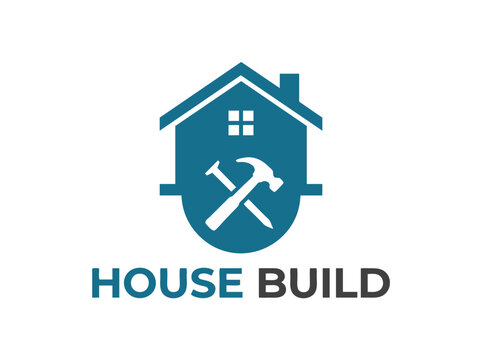 House build logo with hammer and nail, construction company emblem, home renovation and repair service vector icon