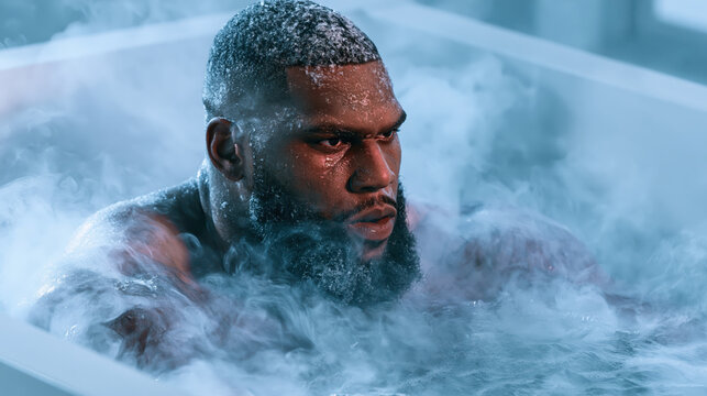 Athletic man sitting inside ice bath surrounded by cold mist, showing intense focus during recovery after strenuous exercise