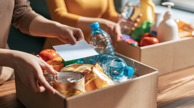 Volunteer hands arrange food water hygiene supplies and blank card inside care box on wooden table, creating warm community donation scene