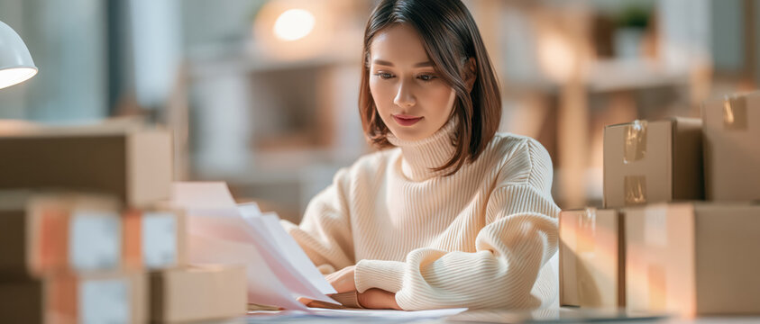 Young woman reviewing export document beside sealed cardboard carton in modern logistics office with warm light and copy space