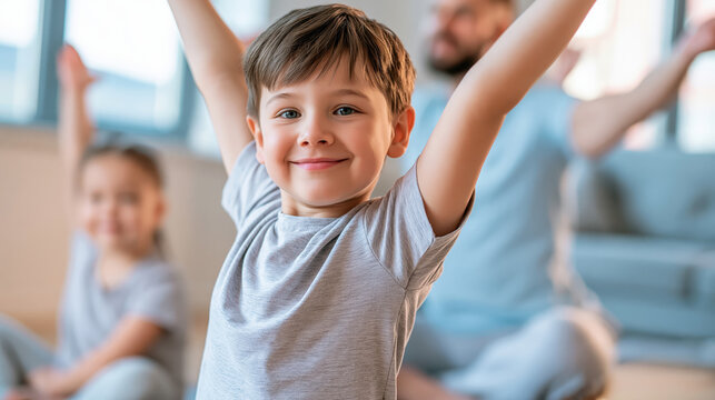 Boy practicing yoga with family in bright living room, smiling during peaceful morning exercise and healthy lifestyle activity