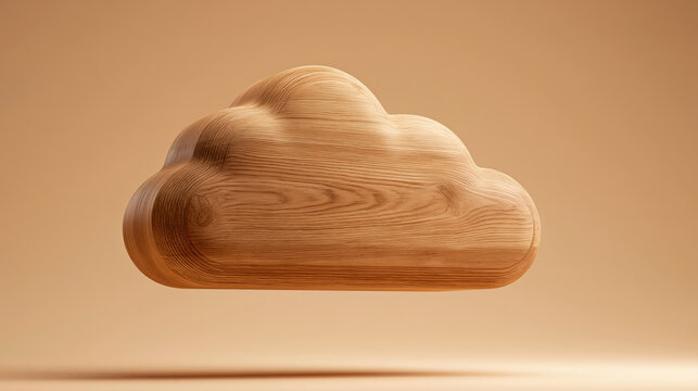 Wooden cloud sculpture floating against warm beige background with soft shadow, surreal decor concept