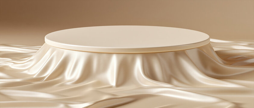 Ivory podium draped in flowing silk fabric under champagne light, creating elegant luxury beauty backdrop with warm beige space for copy
