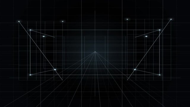 A glowing wireframe 3D box, rendered with perspective, stands against a dark digital grid background, symbolizing technology and architecture.