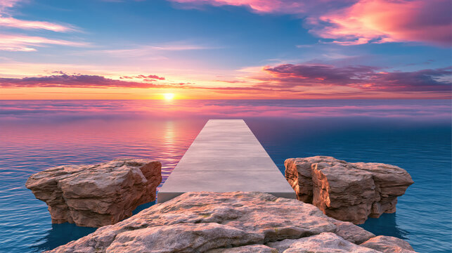 Sunset ocean horizon with narrow concrete bridge connecting rocky cliffs beneath colorful clouds and calm water