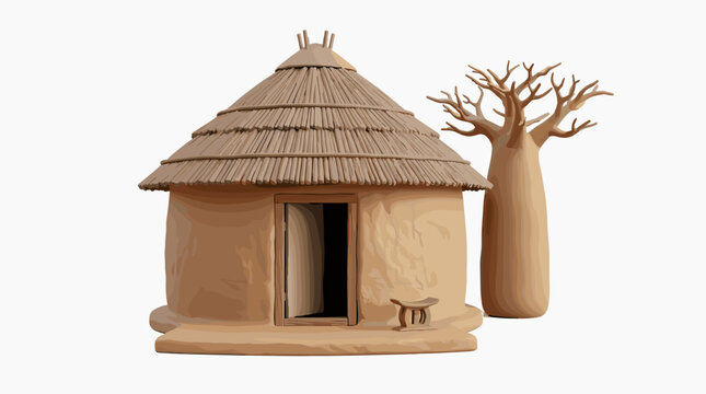 African Traditional Round Hut with Baobab Tree