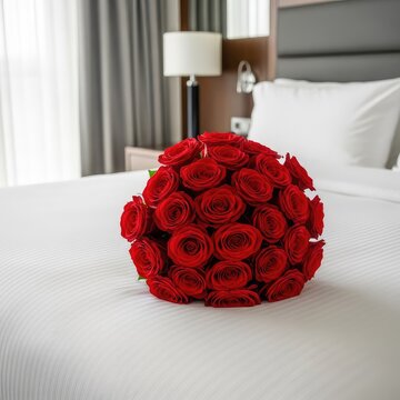 Wide angle view of a compact bouquet of red roses resting on the crisp white linens of a large double bed inside a luxury hotel guest suite, love, luxury, romantic