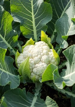 A fresh white cauliflower head matures in a fertile garden bed, surrounded by large green textured leaves under soft natural sunlight, rural, agricultural, fresh