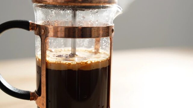 Fresh coffee brewing in a glass french press with rising steam and foam hot beverage